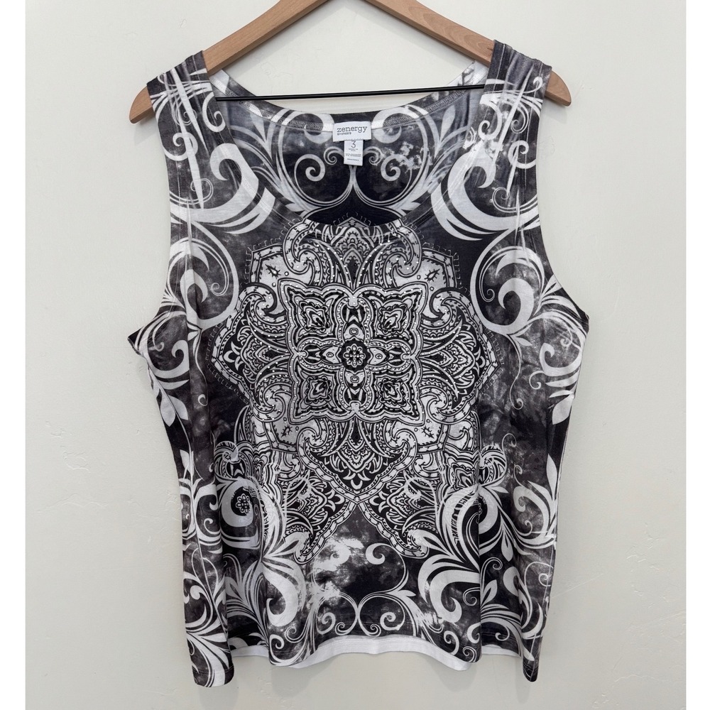 Chicos Black White Medallion Rhinestone Y2K Tank Top Whimsigoth Indie Boho‎ XL